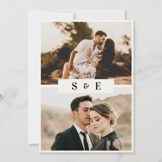 Minimalistisch Script Classic Beige Fotobruiloft Kaart (Achterkant)