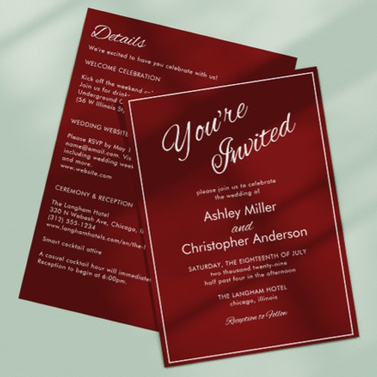 Minimalistisch script Crimson Red All-in-One Weddi Kaart