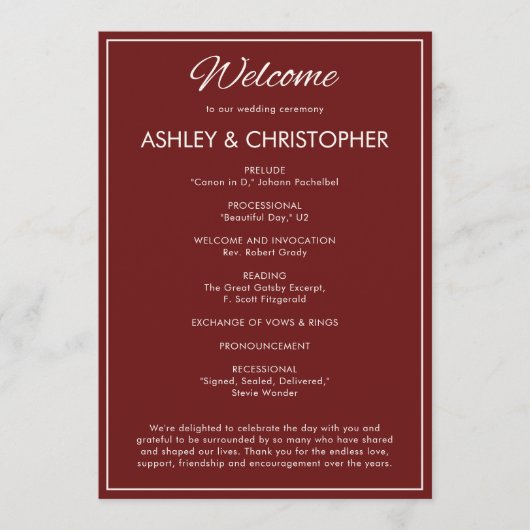 Minimalistisch script Crimson Red Wedding Programmakaart (Voorkant)