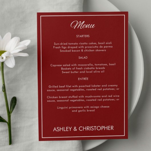 Minimalistisch Script Crimson Red Wedding Receptie Menu