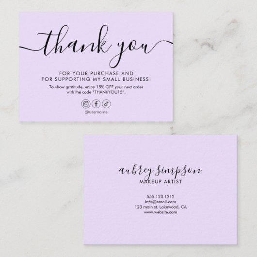 Minimalistisch script Dank u Paarse pasta Visitekaartje (Voorkant / Achterkant)