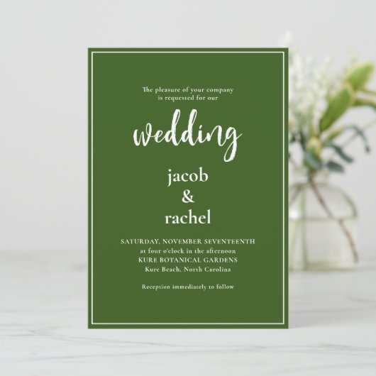 Minimalistisch script Dark Forest Green Photo Wedd Kaart (Staand voorkant)