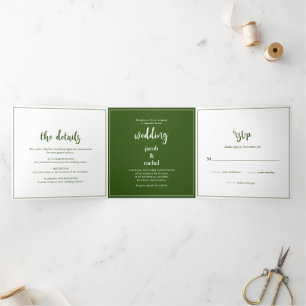 Minimalistisch script Dark Green Wedding Drieluik Uitnodiging