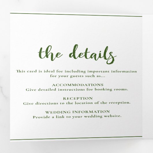 Minimalistisch script Dark Green Wedding Drieluik Uitnodiging (Binnenzijde eerst)