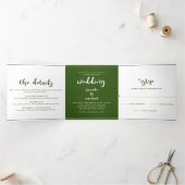 Minimalistisch script Dark Green Wedding Drieluik Uitnodiging (Binnen)
