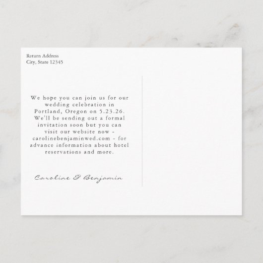 Minimalistisch script dat foto bewaart de datum aankondigingskaart (Achterkant)