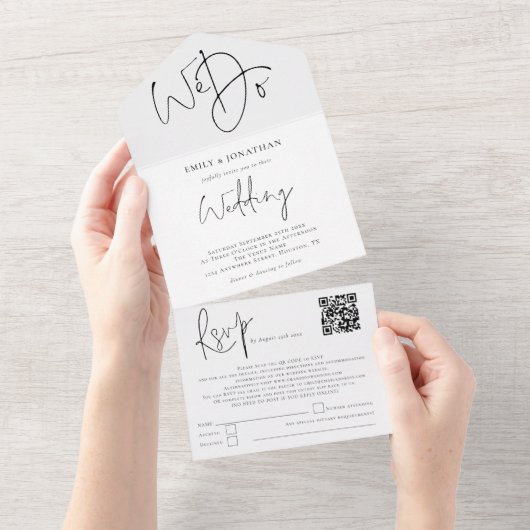 Minimalistisch script dat we QR Code Weddenschap d All In One Uitnodiging (Afscheurbaar)