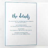 Minimalistisch script donkerblauw en withuwelijk drieluik uitnodiging (Binnenzijde eerst)