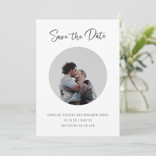 Minimalistisch script drie foto dubbelzijdig stijl save the date (Staand voorkant)