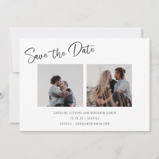 Minimalistisch script drie Photo Double Sided Wedd Save The Date (Voorkant)