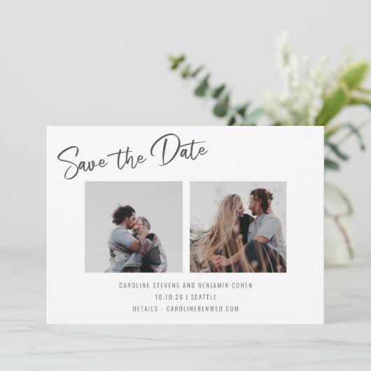 Minimalistisch script drie Photo Double Sided Wedd Save The Date (Staand voorkant)