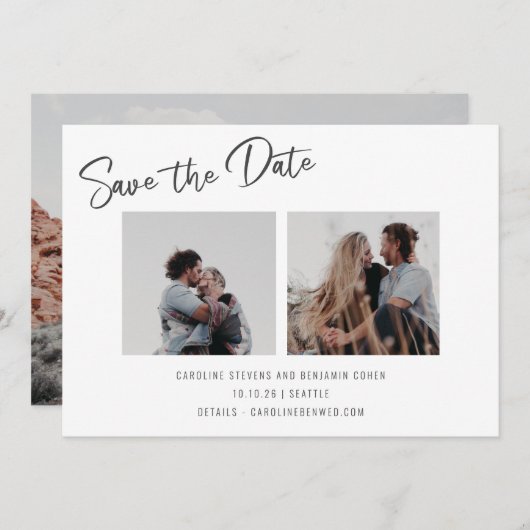 Minimalistisch script drie Photo Double Sided Wedd Save The Date (Voorkant / Achterkant)