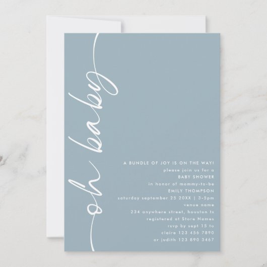Minimalistisch script Dusty Blue OH Baby shower Kaart (Voorkant)