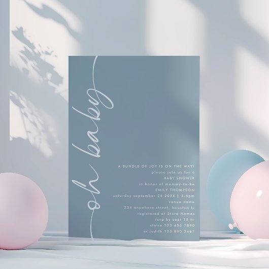Minimalistisch script Dusty Blue OH Baby shower Kaart