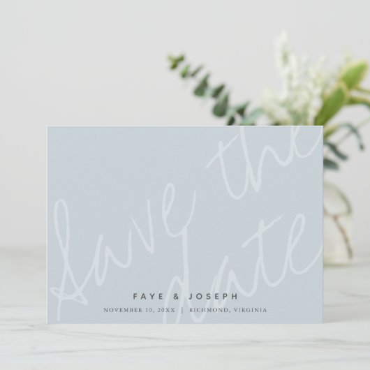 Minimalistisch script Dusty Blue Save the Date Kaa Kaart (Staand voorkant)
