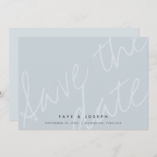 Minimalistisch script Dusty Blue Save the Date Kaa Kaart (Voorkant / Achterkant)
