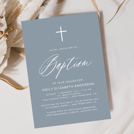 Minimalistisch script Dusty Blue Simple Doop Kaart