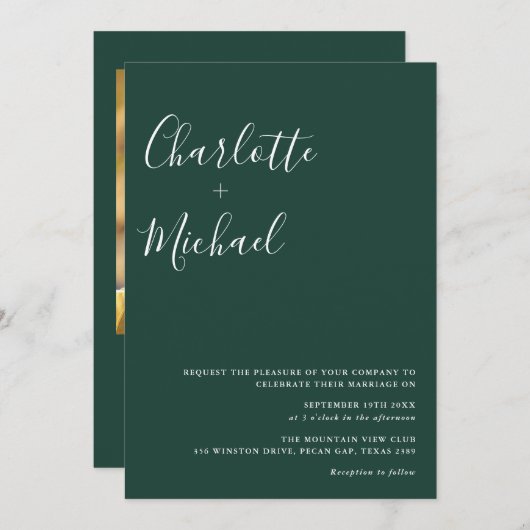 Minimalistisch script Emerald Green Photo Wedding Kaart (Voorkant / Achterkant)