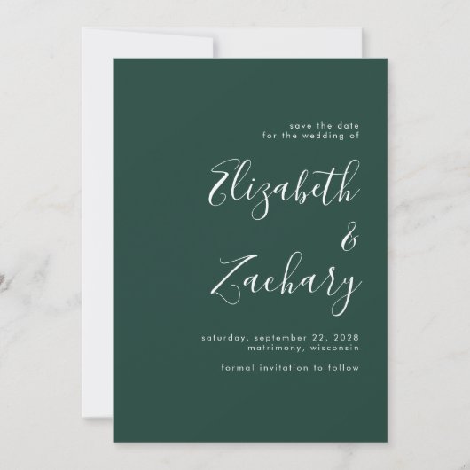 Minimalistisch script Emerald Green Save the Date Aankondiging (Voorkant)
