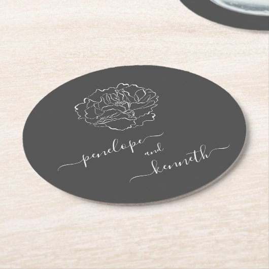 Minimalistisch Script Flower Black and White Weddi Ronde Kartonnen Onderzetter (Gebogen)
