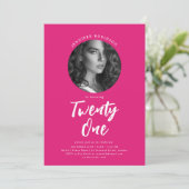 Minimalistisch Script Foto 21e verjaardag Hot Pink Kaart (Staand voorkant)