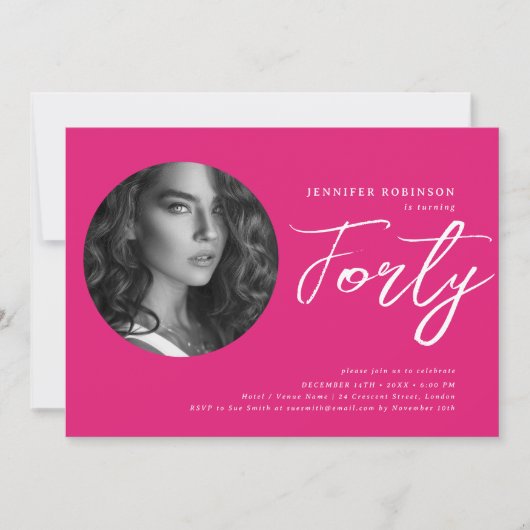 Minimalistisch Script Foto 40e verjaardag Hot Pink Kaart (Voorkant)