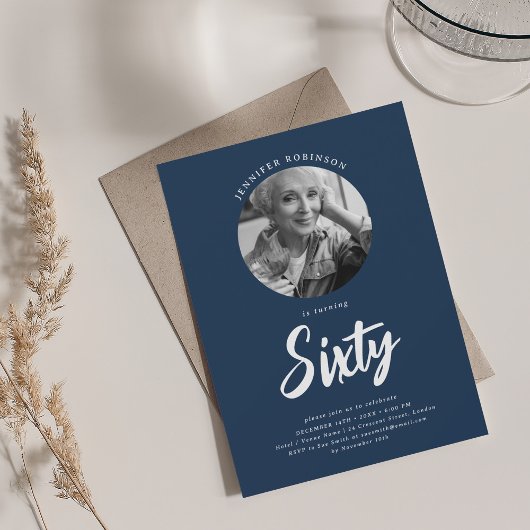 Minimalistisch Script Foto 60e verjaardag Navy Blu Kaart
