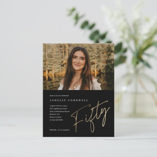 Minimalistisch script goud 50ste foto verjaardag briefkaart (Staand voorkant)