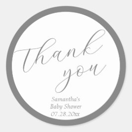 Minimalistisch script grijs Baby shower Ronde Sticker
