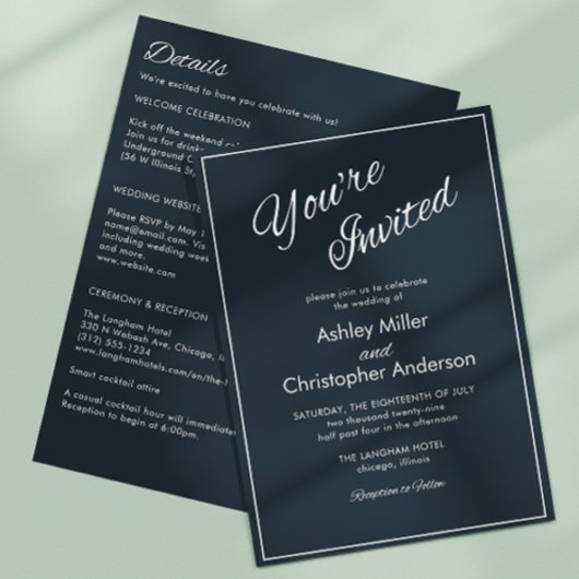 Minimalistisch Script Gunmetal Blue All-in-One Wed Kaart