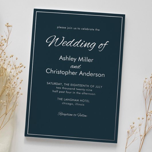 Minimalistisch Script Gunmetal Blue Wedding Folie Uitnodiging