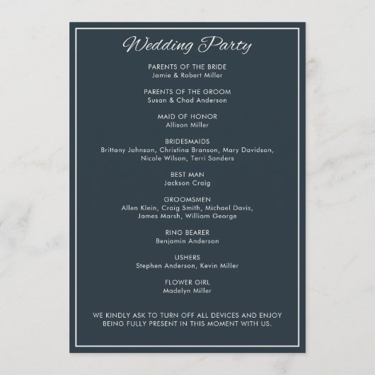 Minimalistisch Script Gunmetal Blue Wedding Programmakaart (Achterkant)