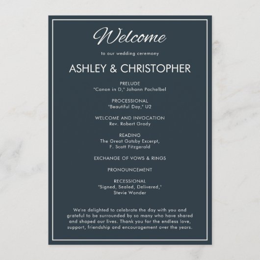 Minimalistisch Script Gunmetal Blue Wedding Programmakaart (Voorkant)