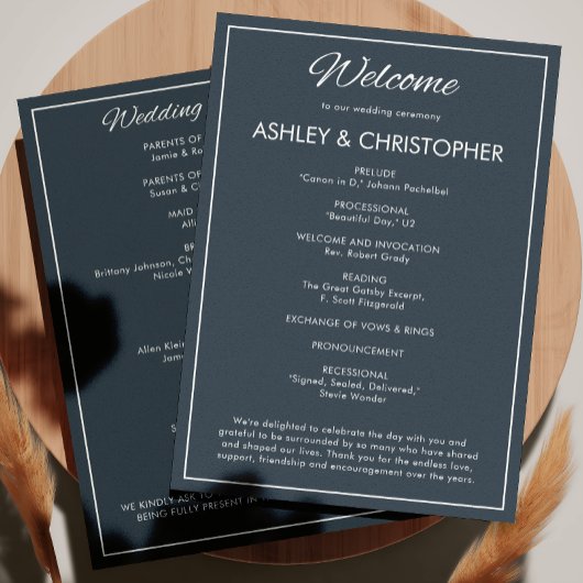 Minimalistisch Script Gunmetal Blue Wedding Programmakaart