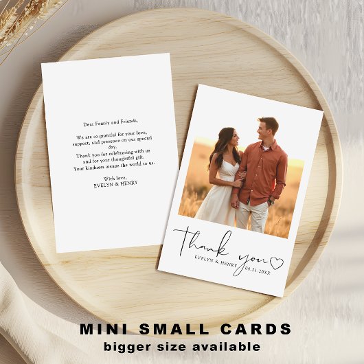 Minimalistisch Script Hart Foto Mini Bedankt Notitiekaartje