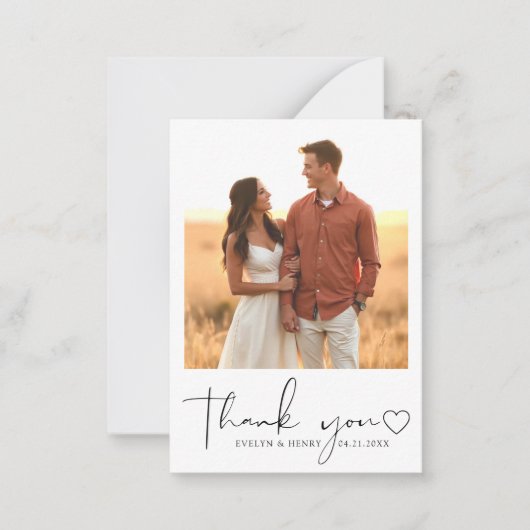 Minimalistisch Script Hart Foto Mini Bedankt Notitiekaartje (Voorkant)
