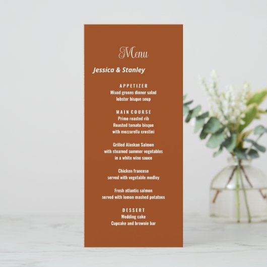 Minimalistisch script het trouwmenu Terracotta Menu (Staand voorkant)