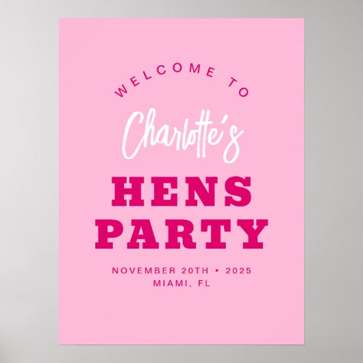 Minimalistisch script Hot Pink Hens Party Welkom Poster (Voorkant)