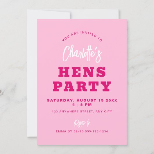 Minimalistisch script Hot Pink Modern Hens Party Kaart (Voorkant)