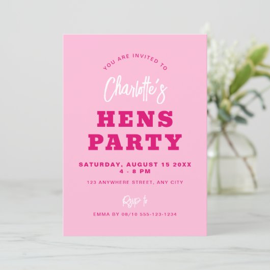 Minimalistisch script Hot Pink Modern Hens Party Kaart (Staand voorkant)