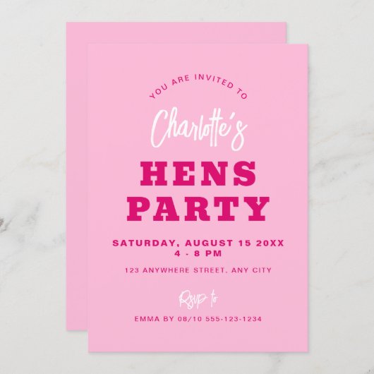 Minimalistisch script Hot Pink Modern Hens Party Kaart (Voorkant / Achterkant)