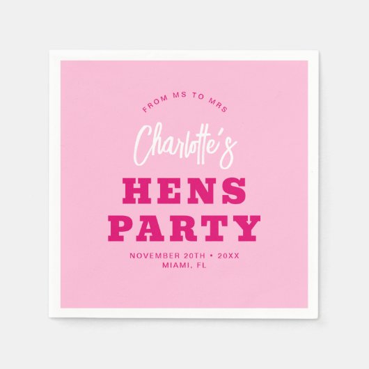 Minimalistisch script Hot Pink Modern Hens Party Servet (Voorkant)