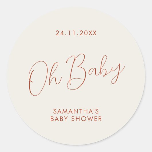 Minimalistisch script ivoor Oh Baby Shower Ronde Sticker (Voorkant)