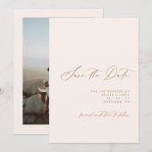 Minimalistisch Script Ivoor & Taan Foto Bruiloft Save The Date (Voorkant / Achterkant)