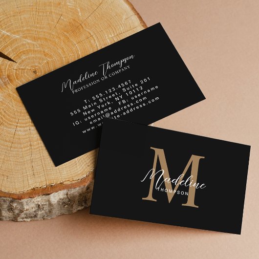 Minimalistisch script kalligrafie zwart goud monog visitekaartje