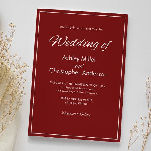 Minimalistisch script karmozijnrode bruiloft kaart