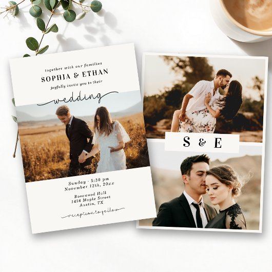 Minimalistisch Script Klassiek Beige Foto Bruiloft Kaart