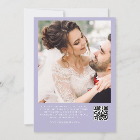 Minimalistisch script lavendel QR Code Foto Bruilo Kaart (Achterkant)