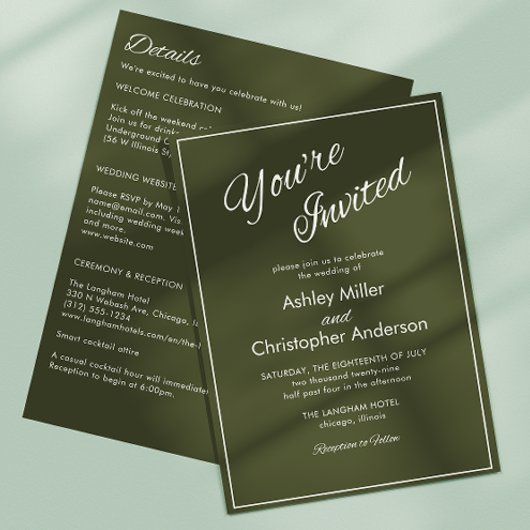 Minimalistisch Script Leger Green All-in-One Weddi Kaart