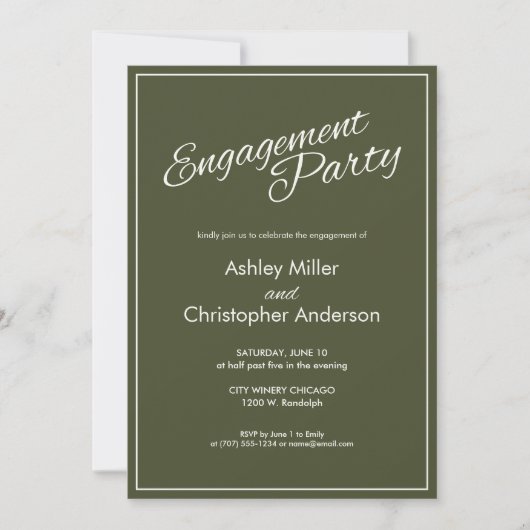 Minimalistisch Script Leger Green Engagement Party Kaart (Voorkant)